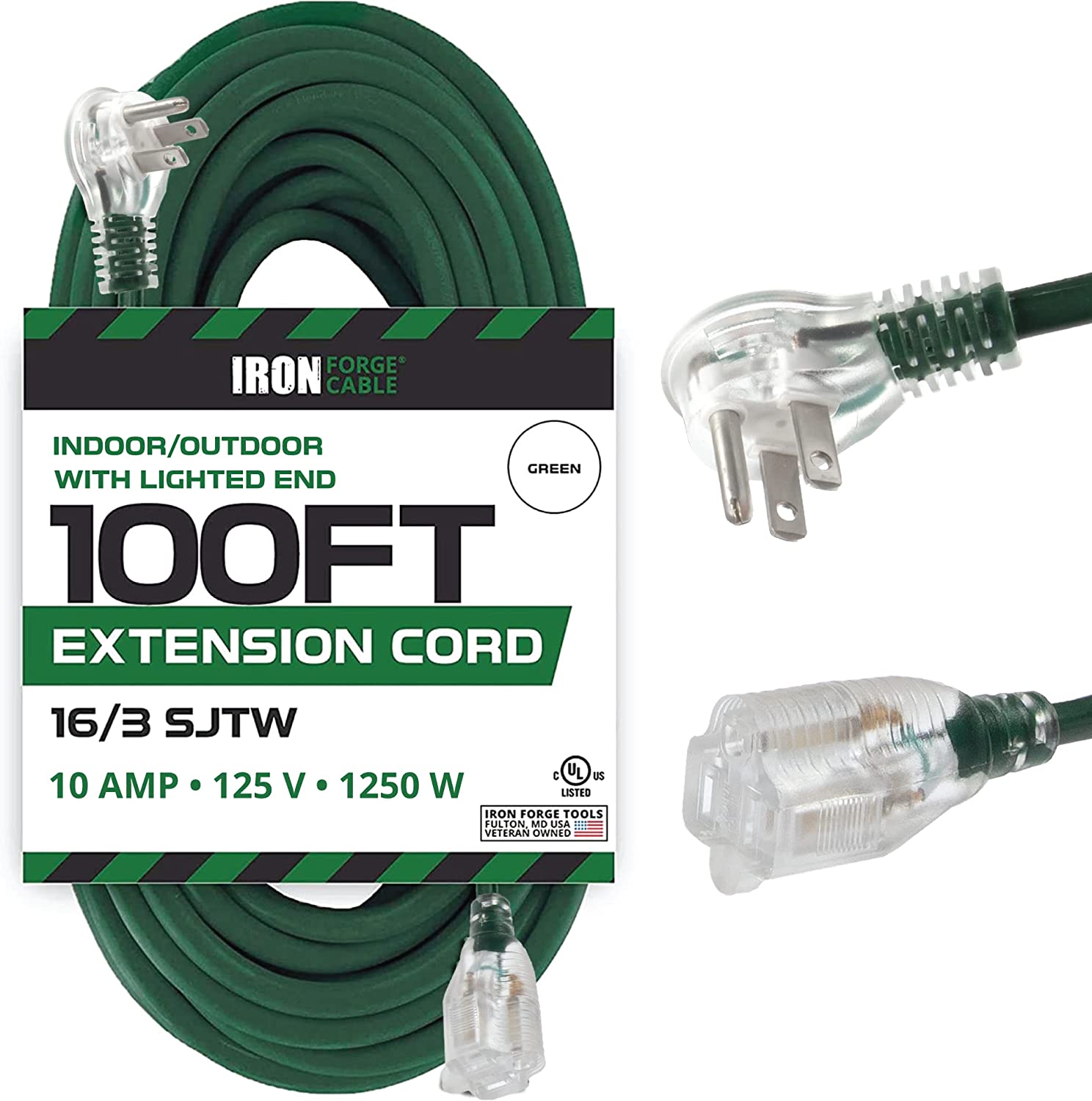 100 FT Lighted Outdoor Extension Cord- Flat End 3 Prong Outlet - 16 Gauge- Green