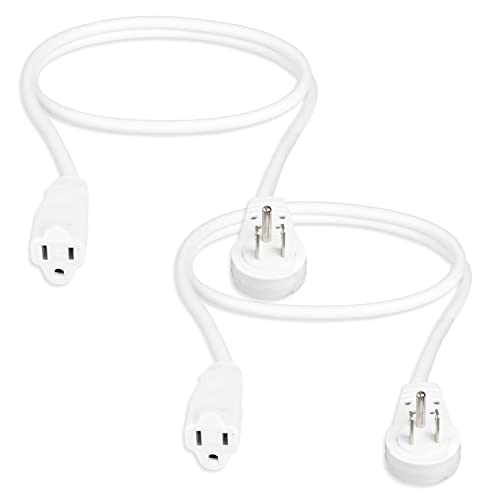 2 Pack of 3 Ft Rotating Flat Plug Extension Cords - 16/3 SJT Durable White Electrical Cable, 13 AMP