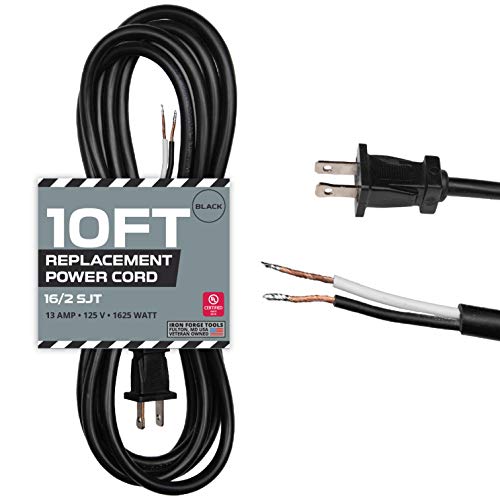 16 AWG Replacement Power Cord with Open End - 10 Ft Black Extension Cable, 2 Wire 16/2 SJT