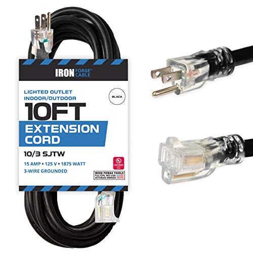 10 Foot Lighted Outdoor Extension Cord- 10 Gauge- Black