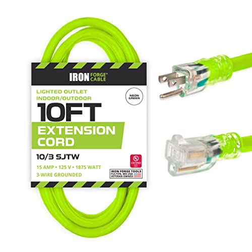 10 Foot Outdoor Extension Cord - 10 Gauge- Neon Green
