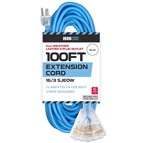 100 Ft Lighted All Weather Extension Cord - 16 Gauge- Blue