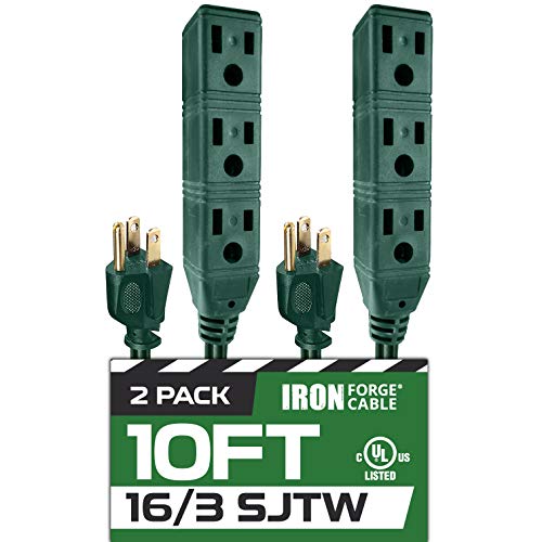 10 Ft Extension Cord- 3 Outlet- 2 Pack- Green