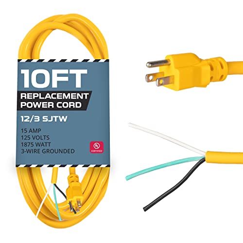 10 ft, 12 AWG Replacement Power Cord with Open End- Yellow
