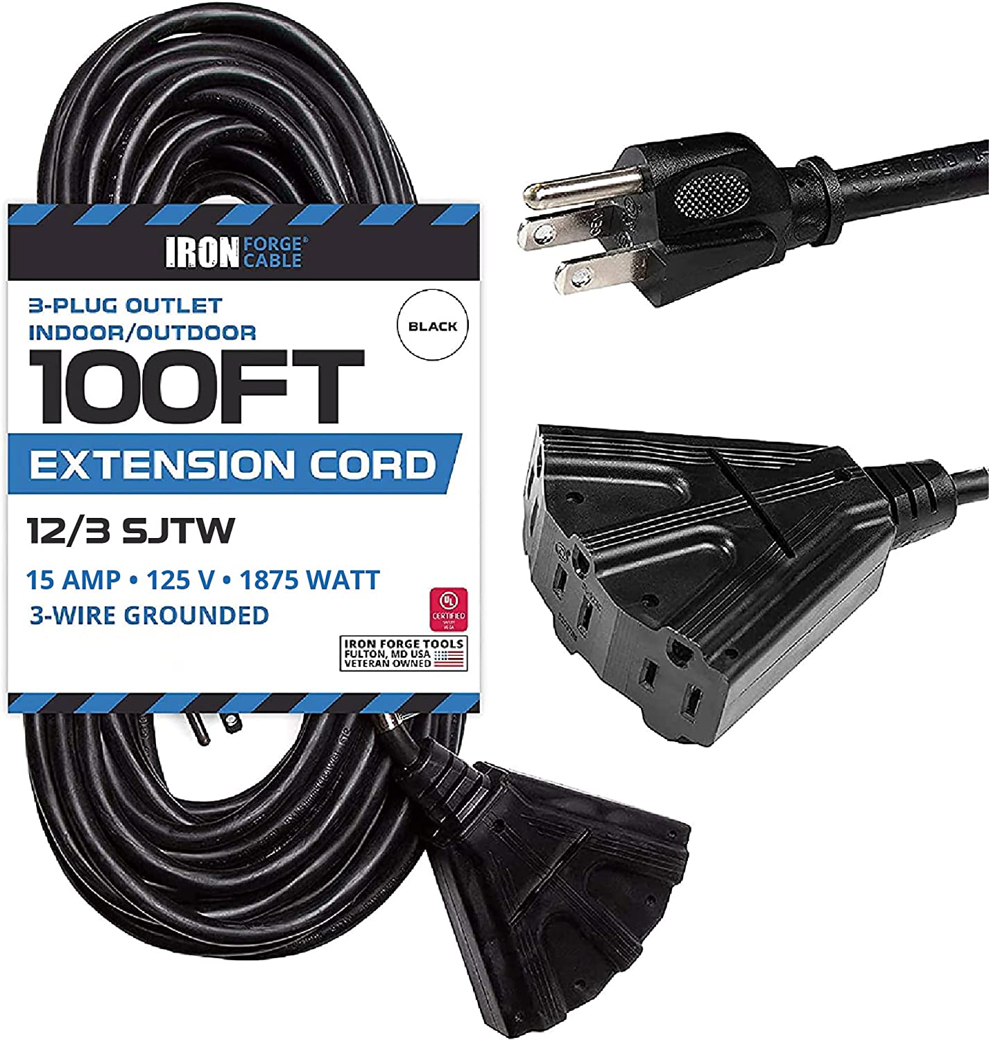100 Ft Lighted Outdoor Extension Cord- 3 Outlets - 12 Gauge- Black