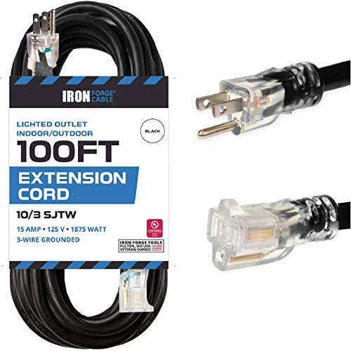 100 Ft Lighted Outdoor Extension Cord -10 Gauge- Black