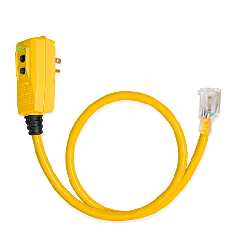 3 Foot Lighted Outdoor GFCI Extension Cord with Right Angle Plug - 12/3 SJTW Heavy Duty Yellow Pigtail Extension Cable with 3 Prong Grounded Plug for Safety