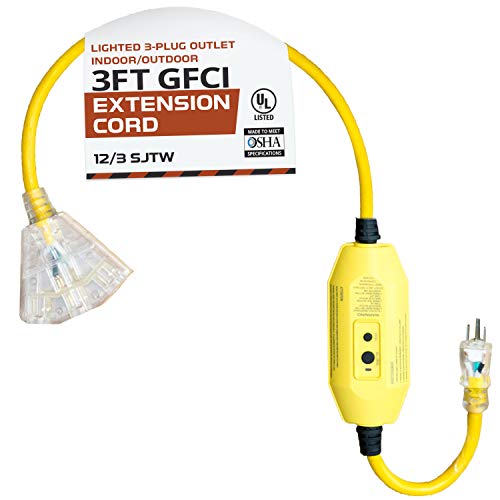 Pigtail 3 Outlet Lighted Outdoor GFCI Extension Cord - 12/3 SJTW Heavy Duty 3ft