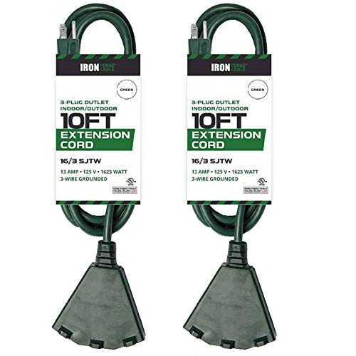 2 Pack of 10 Ft Outdoor Extension Cords with Power Block - 16/3 Durable Green Cable with 3 Prong Grounded Plug for Safety