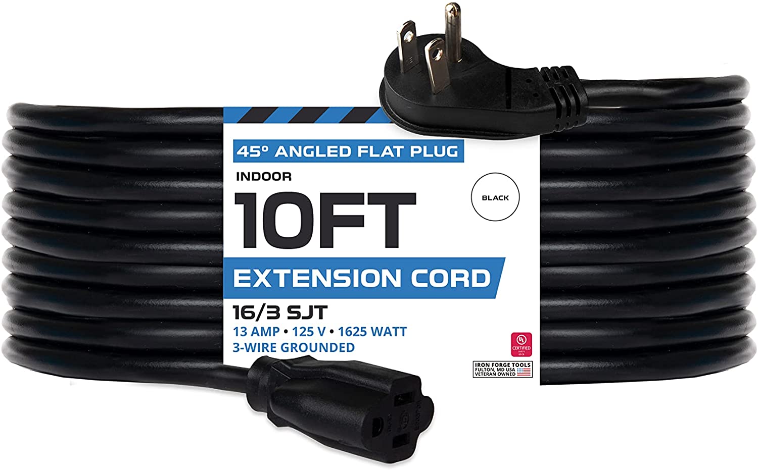 10 Ft Indoor Extension Cord - 45° Angled Flat Plug- Black