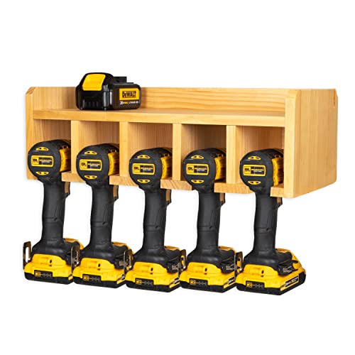 Compact Power Tool Organizer - Fully Assembled Wood Tool Chest and 5 Drill Charging Station - Great Workshop Organization and Storage Gift for Men
