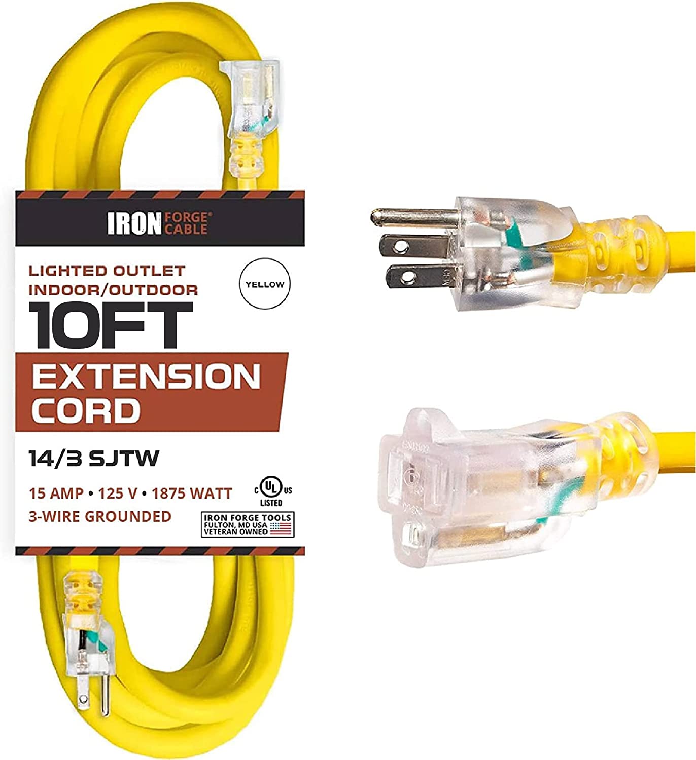 10 Foot Lighted Outdoor Extension Cord - 14 Gauge- Yellow