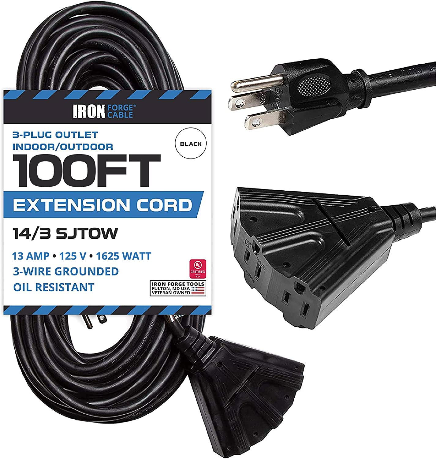 100 Ft Heavy Duty Extension Cord- 3 Outlets- 14 Gauge- Black