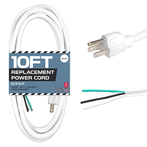 10 ft, 12 AWG Replacement Power Cord with Open End - White