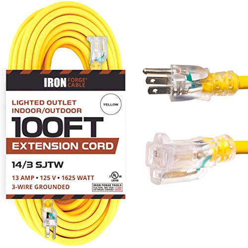 100 Foot Lighted Outdoor Extension Cord - 14 Gauge- Yellow