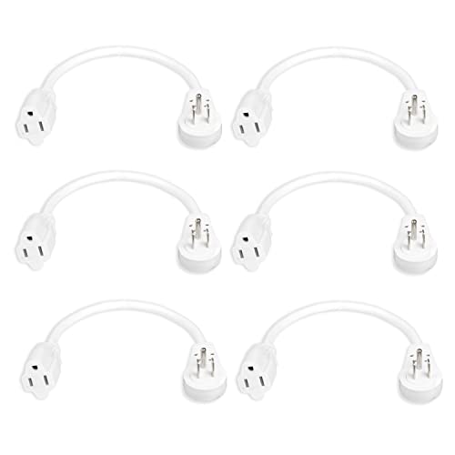 6 Pack of 1 Ft Rotating Flat Plug Extension Cords - 16/3 SJTW Durable White Outdoor Electrical Cable, 13 AMP