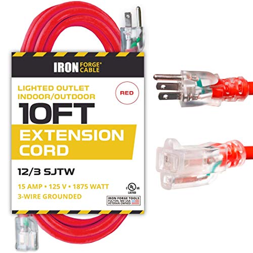 10 Ft Lighted Extension Cord- 12 Gauge- Red