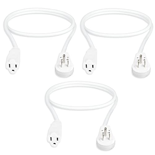 3 Pack of 3 Ft Rotating Flat Plug Extension Cords - 16/3 SJT Durable White Electrical Cable, 13 AMP