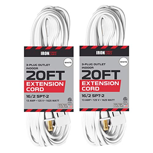 20 Ft White Extension Cord 2 Pack - 16/2 Durable Electrical Cable