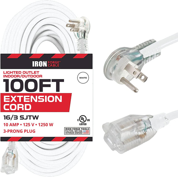 100 FT White Outdoor Extension Cord with Lighted Flat End 3 Prong Elec iron tools