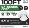 100 FT Green Outdoor Extension Cord with Lighted Flat End 3 Prong Electrical Power Outlet - 16/3 SJTW Durable Cable