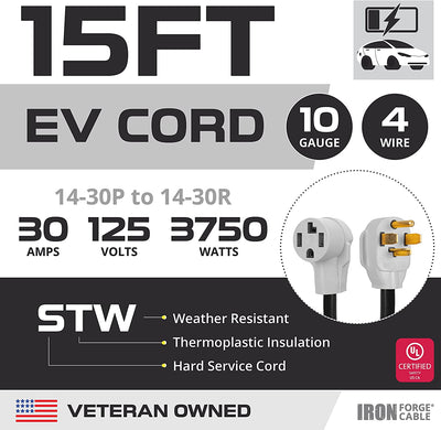 15 Ft 30 Amp Electric Vehicle Extension Cord - 14-30P to 14-30R STW 10 Gauge Electric Cable