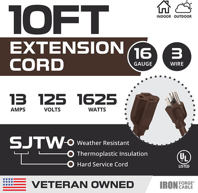 10 Ft Outdoor Brown Extension Cord, 16/3 Heavy Duty Cable