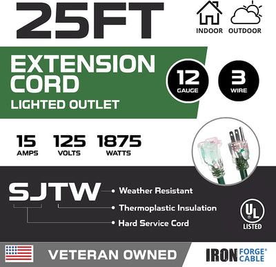 25 Foot Outdoor Extension Cord,12/3 SJTW Heavy Duty Green Extension Cable with 3 Prong