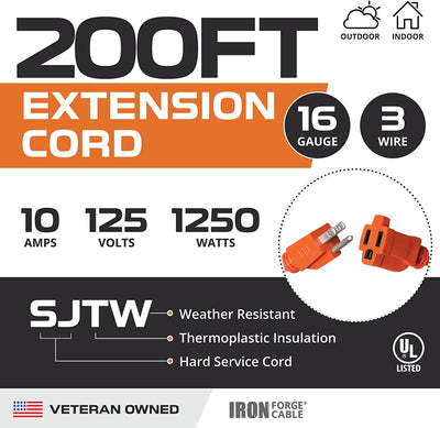 200 Ft Orange Extension Cord - 16/3 SJTW Heavy Duty Outdoor Extension Cable with 3 Prong Grounded Plug for Safety