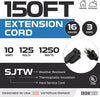 150 Ft Outdoor Extension Cord - 16/3 SJTW Durable Black Electrical Cable with 3 Prong Grounded Plug for Safety