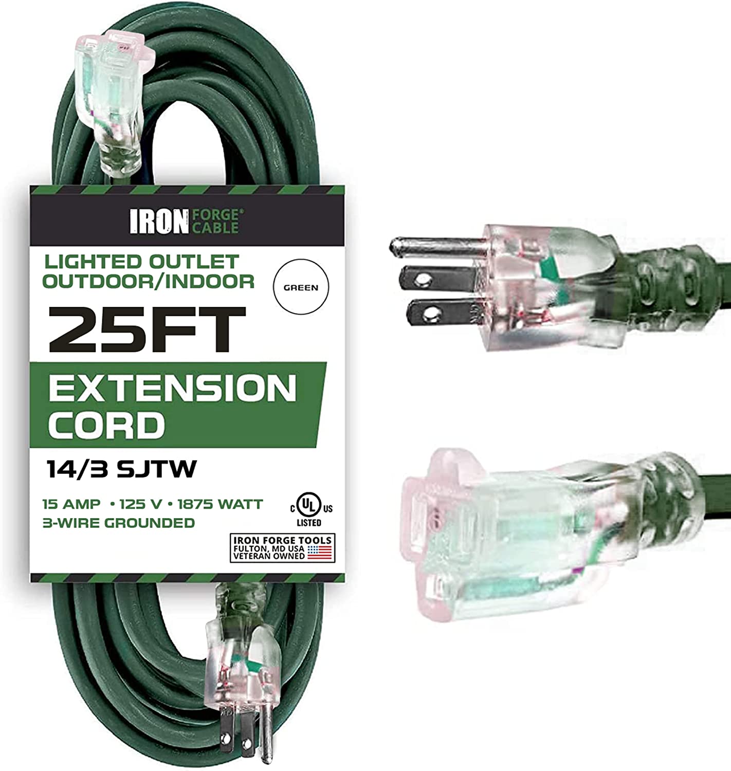 25 Foot Lighted Outdoor Extension Cord - 14/3 SJTW Heavy Duty Green Extension Cable