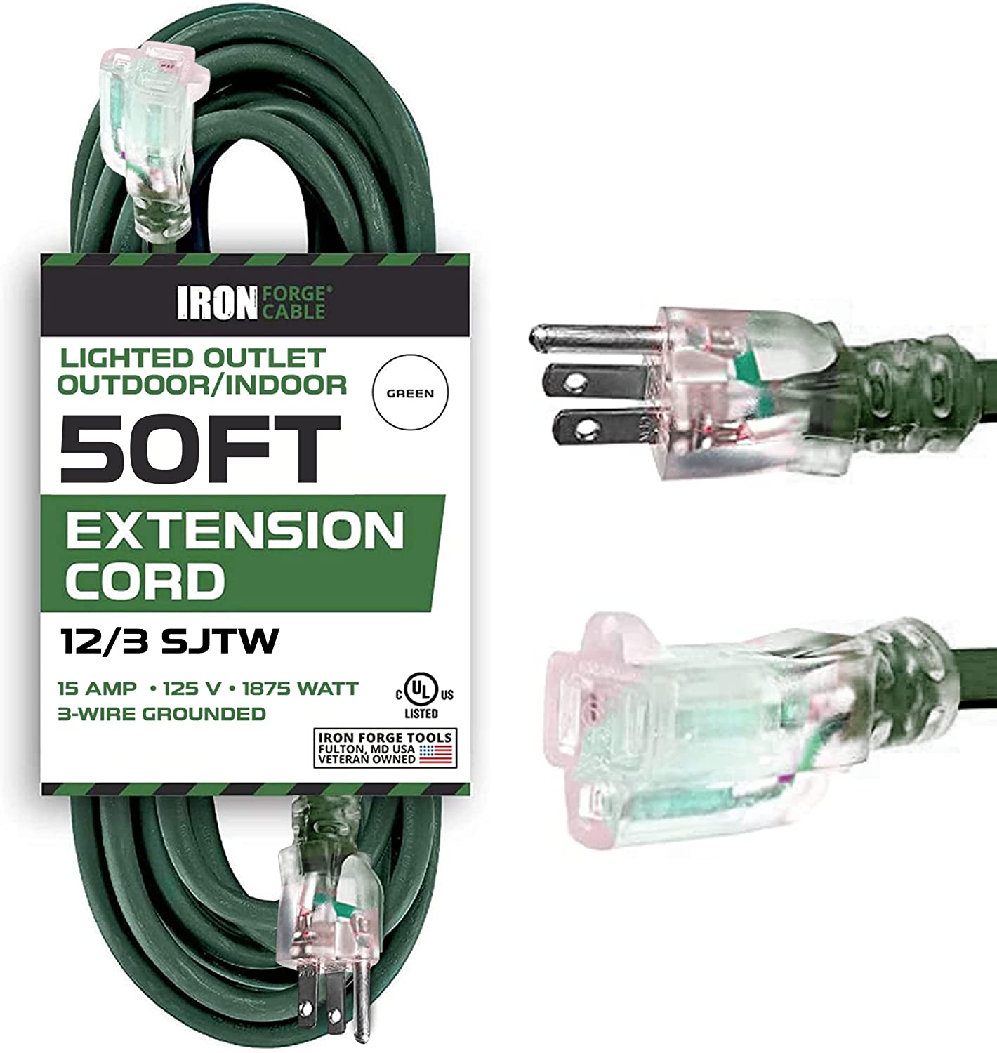 50 Foot Outdoor Extension Cord,12/3 SJTW Heavy Duty Green Extension Ca -  iron forge tools