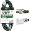 50 Foot Lighted Outdoor Extension Cord - 14/3 SJTW Heavy Duty Green Extension Cable with 3 Prong Grounded Plug for Safety