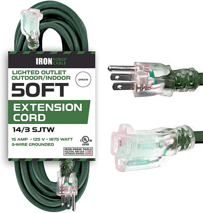 50 Foot Lighted Outdoor Extension Cord - 14/3 SJTW Heavy Duty Green Extension Cable with 3 Prong Grounded Plug for Safety