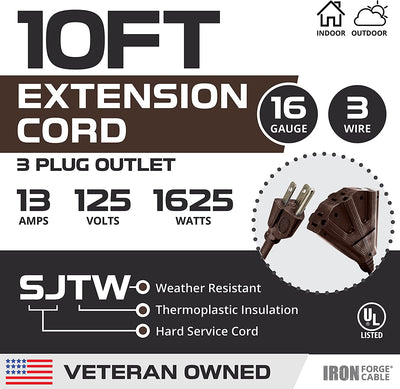 10 Ft Brown Extension Cord with 3 Outlets,16/3 SJTW Heavy Duty Outdoor Extension Cord