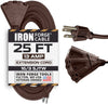 25 Ft Brown Outdoor Extension Cord with 3 Outlet Pigtail - 16/3 SJTW Weatherproof Multi Outlets Electrical Cable