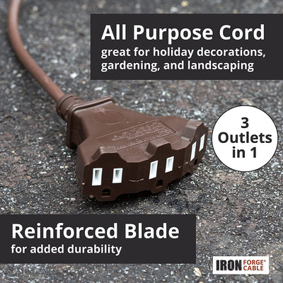 25 Ft Brown Outdoor Extension Cord with 3 Outlet Pigtail - 16/3 SJTW Weatherproof Multi Outlets Electrical Cable