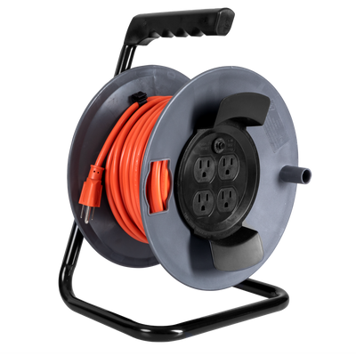 Iron Forge 50 Ft Extension Cord Reel with 4 Electrical Power Outlets & Breaker Switch - 16/3 SJTW Heavy Duty Orange Cable with 3 Prong Grounded Plug - Portable Extension Cord Reel with Breaker 50 Foot