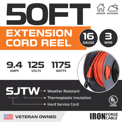 Iron Forge 50 Ft Extension Cord Reel with 4 Electrical Power Outlets & Breaker Switch - 16/3 SJTW Heavy Duty Orange Cable with 3 Prong Grounded Plug - Portable Extension Cord Reel with Breaker 50 Foot