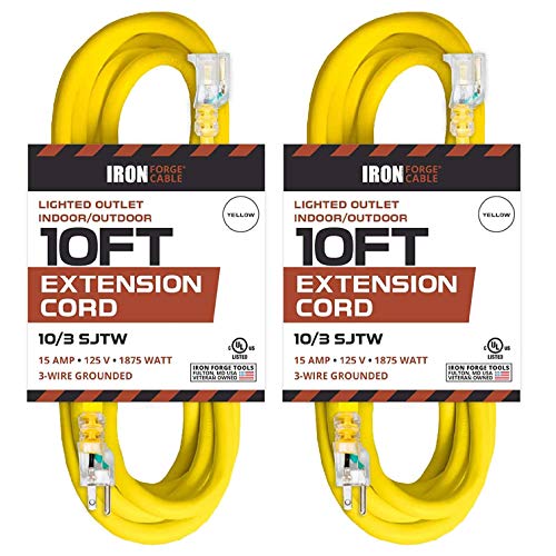 2 Pack of 10 Foot Lighted Outdoor Extension Cords - 10/3 SJTW Yellow 10 Gauge Extension Cable with 3 Prong Grounded Plug for Safety