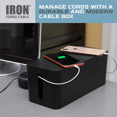 Large Cable Management Box - Black Cord Organizer and Hider for Wires, Power Strips, Surge Protectors & More - Includes Cable Sleeve, Hook and Loop Keepers, Zip Ties & Clips