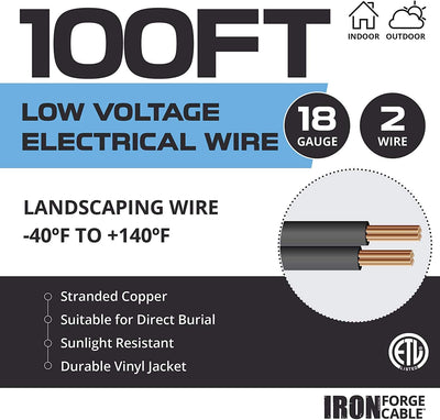 18/2 Low Voltage Landscape Wire with 16 Connectors - 100ft Outdoor Low-Voltage Cable for Landscape Lighting, Black