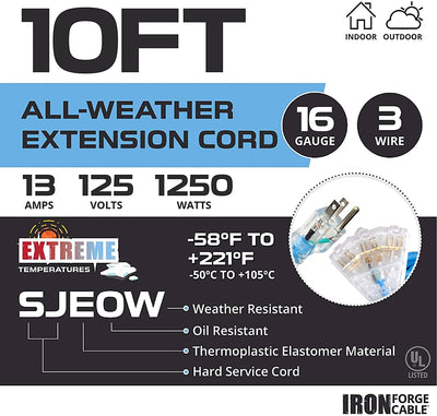 10 Ft All Weather Extension Cord -3 Power Outlets - 16/3 Lighted Outdoor Cable