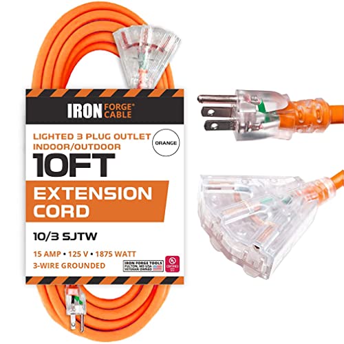 10 Ft Outdoor Lighted Extension Cord-3 Outlet- 10 Gauge- Orange - iron  forge tools