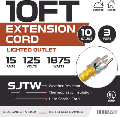 10 Foot Lighted Outdoor Extension Cord - 10/3 SJTW Yellow 10 Gauge Extension Cable with 3 Prong Grounded Plug for Safety - Great for Garden and Major Appliances