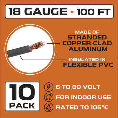 18 Gauge Primary Wire - 10 Roll Assortment Pack - 100 Ft of Copper Clad Aluminum Wire per Roll