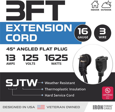 3 Ft Outdoor Extension Cord with 45¬¨¬®‚Äö√†√ª Angled Flat Plug - 16/3 SJTW Durable Black Electrical Cable