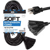 50 Ft Outdoor Extension Cord with 3 Electrical Power Outlets - 16/3 SJTW Durable Black Cable