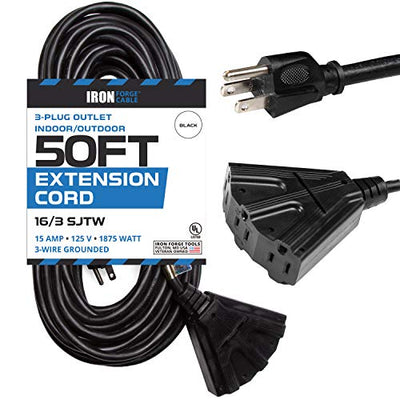50 Ft Outdoor Extension Cord with 3 Electrical Power Outlets - 16/3 SJTW Durable Black Cable