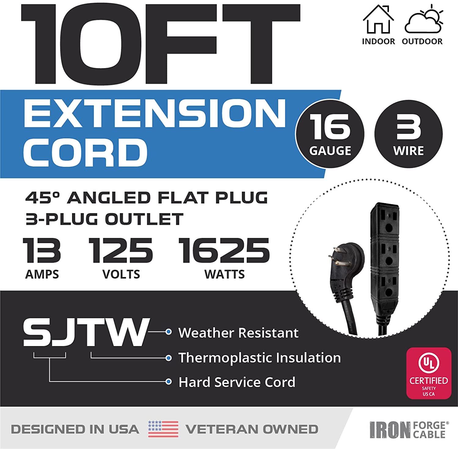 75 Foot Lighted Outdoor Extension Cord - 10/3 SJTW Yellow 10 Gauge